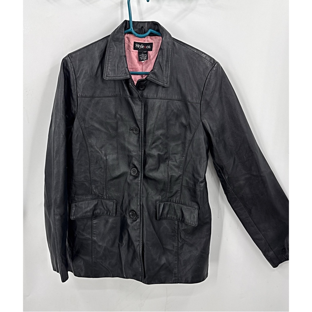 Style & Co. Vintage Y2K women's black leather button front jacket. L